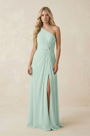 Sage One-Shoulder Ruched A-Line Chiffon Bridesmaid Dress | KISSBRIDAL