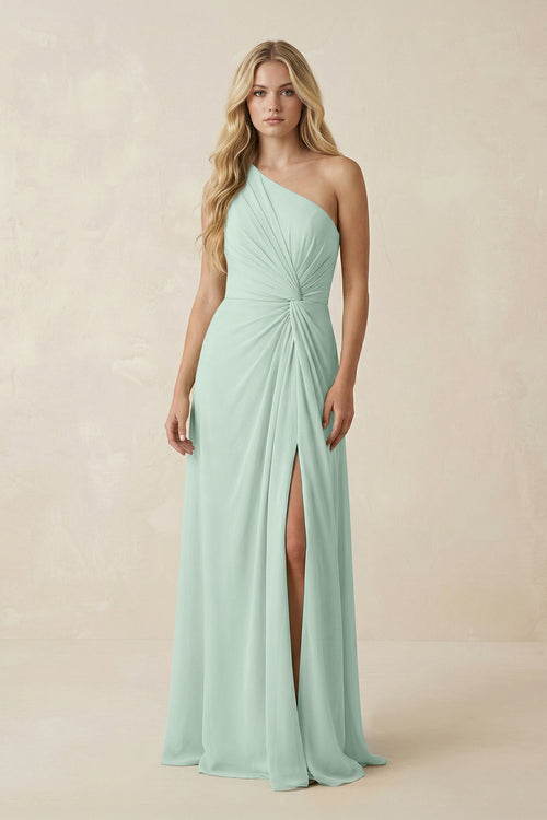 Sage One-Shoulder Ruched A-Line Chiffon Bridesmaid Dress | KISSBRIDAL
