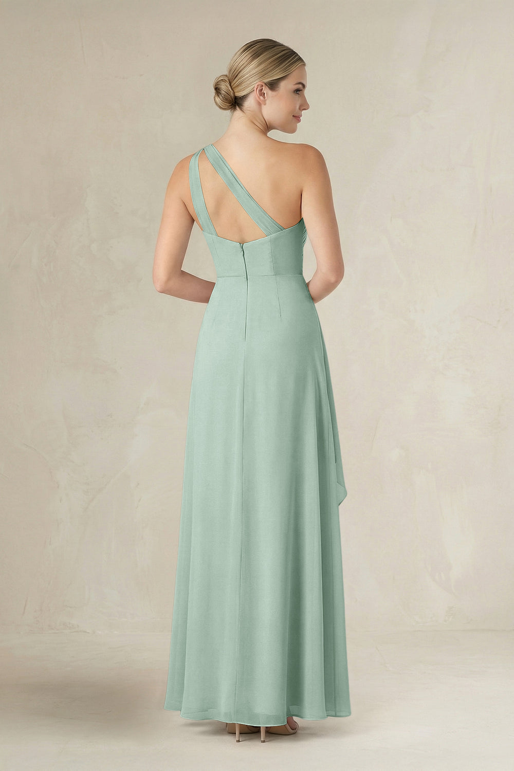One-Shoulder Sheath Ruched Ruffled Bridesmaid Dress in Sage
