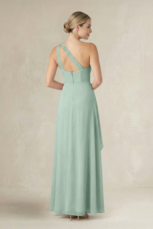 Sage One-Shoulder Sheath Ruched Ruffled Bridesmaid Dress in Sage (2) | KISSBRIDAL