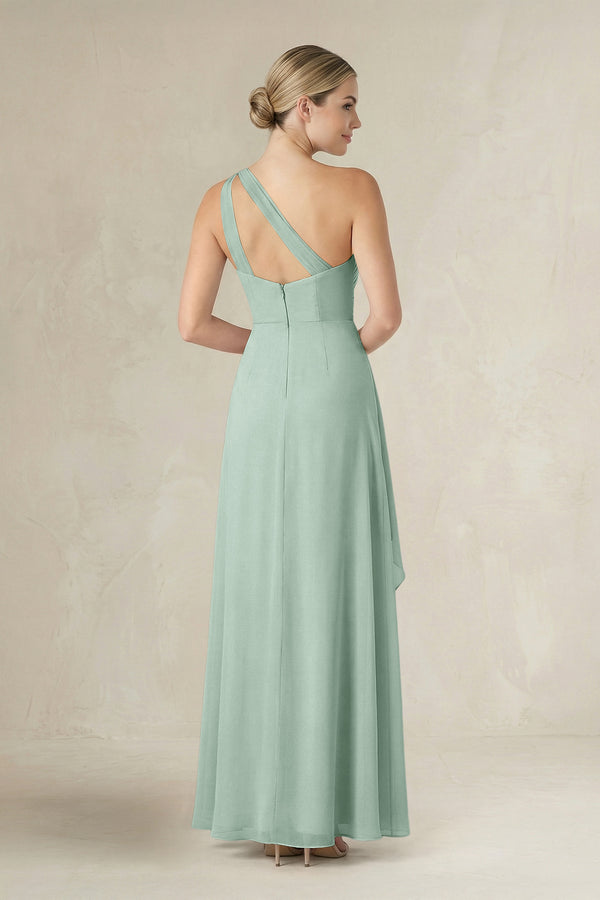 Sage One-Shoulder Sheath Ruched Ruffled Bridesmaid Dress in Sage (2) | KISSBRIDAL