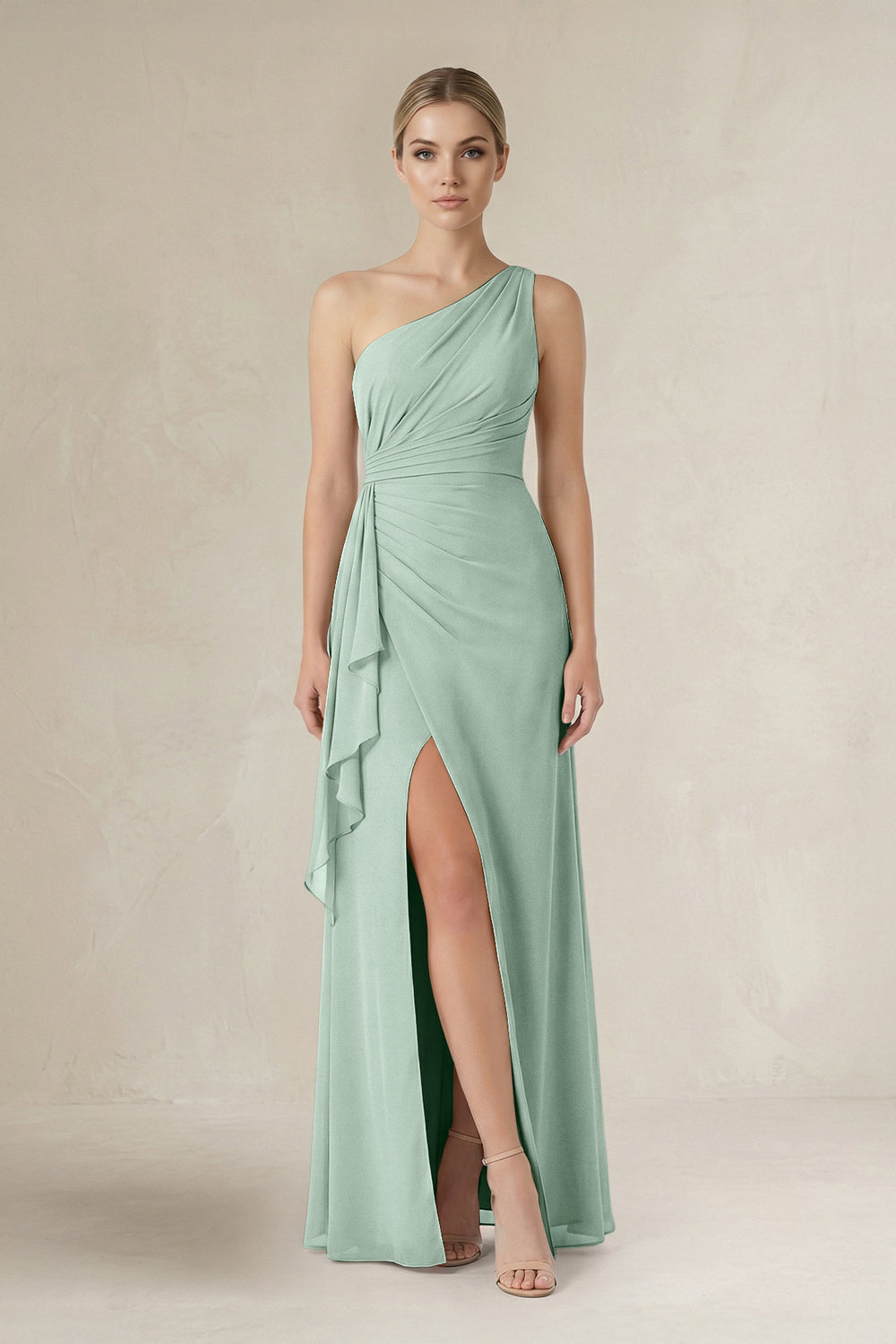 One-Shoulder Sheath Ruched Ruffled Bridesmaid Dress in Sage