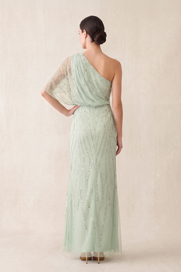 Sage One-Shoulder Tulle Sheath Mother of the Bride Dress With Sequins (2) | KISSBRIDAL