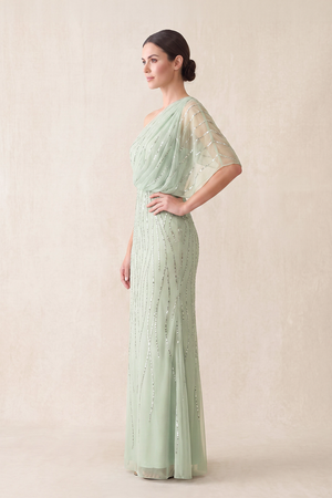 Sage One-Shoulder Tulle Sheath Mother of the Bride Dress With Sequins (3) | KISSBRIDAL