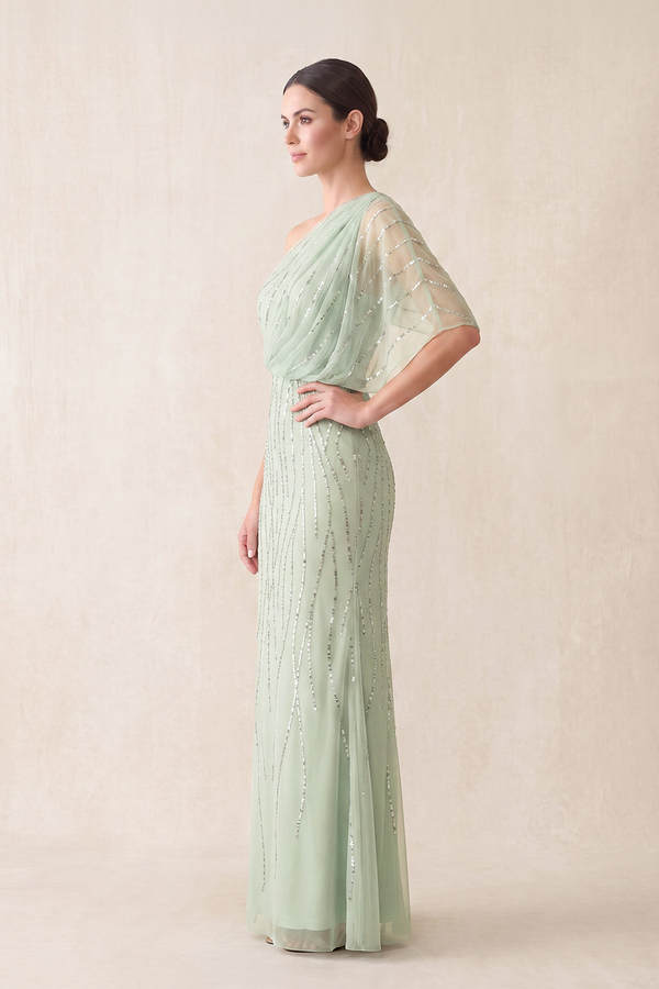 Sage One-Shoulder Tulle Sheath Mother of the Bride Dress With Sequins (3) | KISSBRIDAL