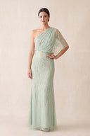 Sage One-Shoulder Tulle Sheath Mother of the Bride Dress With Sequins | KISSBRIDAL