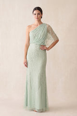 Sage One-Shoulder Tulle Sheath Mother of the Bride Dress With Sequins | KISSBRIDAL