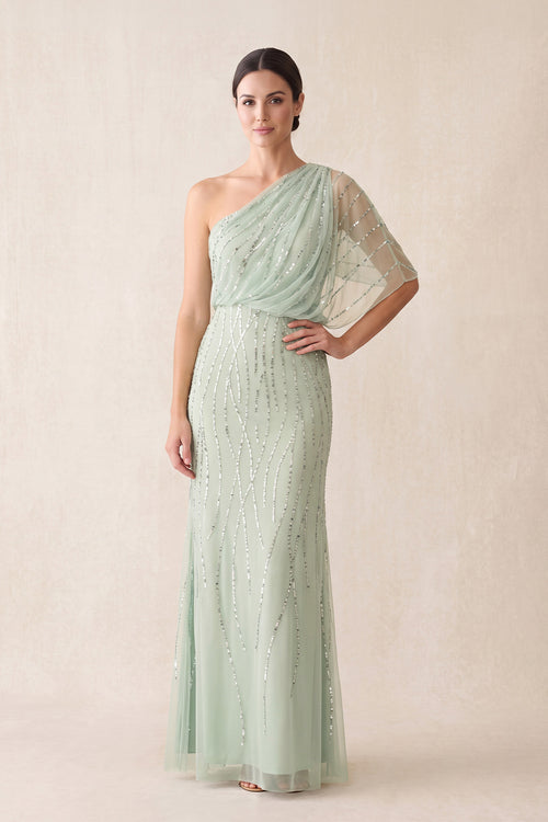 Sage One-Shoulder Tulle Sheath Mother of the Bride Dress With Sequins | KISSBRIDAL