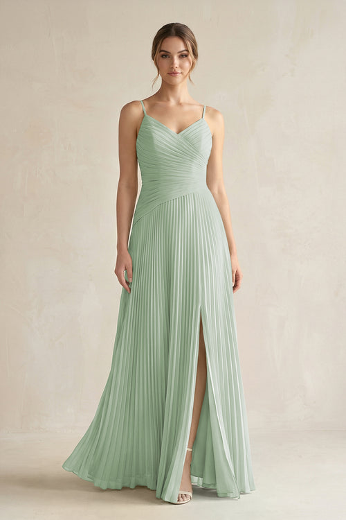 Sage Pleated A-Line Long Chiffon Bridesmaid Dress | KISSBRIDAL