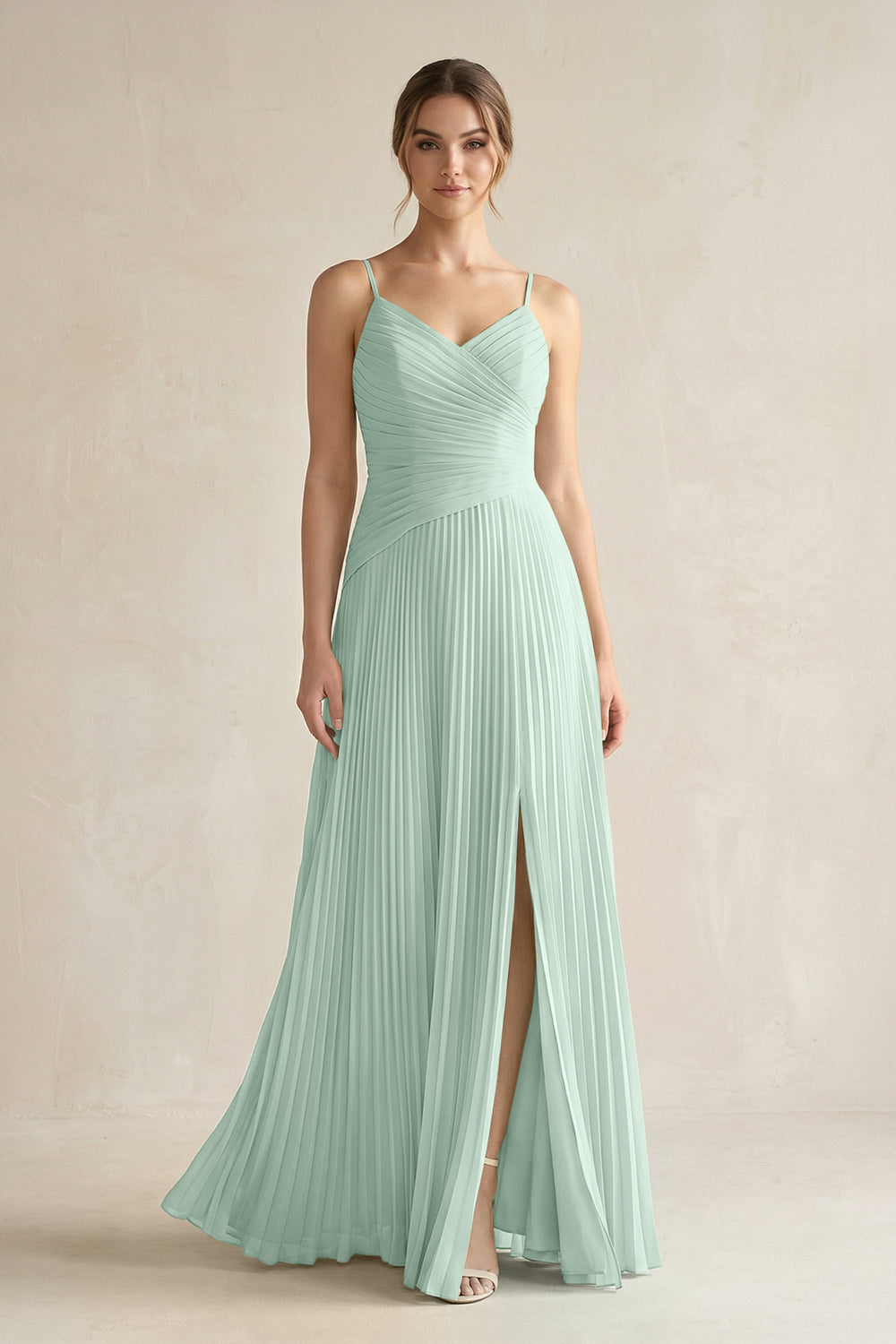 Pleated A-Line Long Chiffon Bridesmaid Dress in Sage