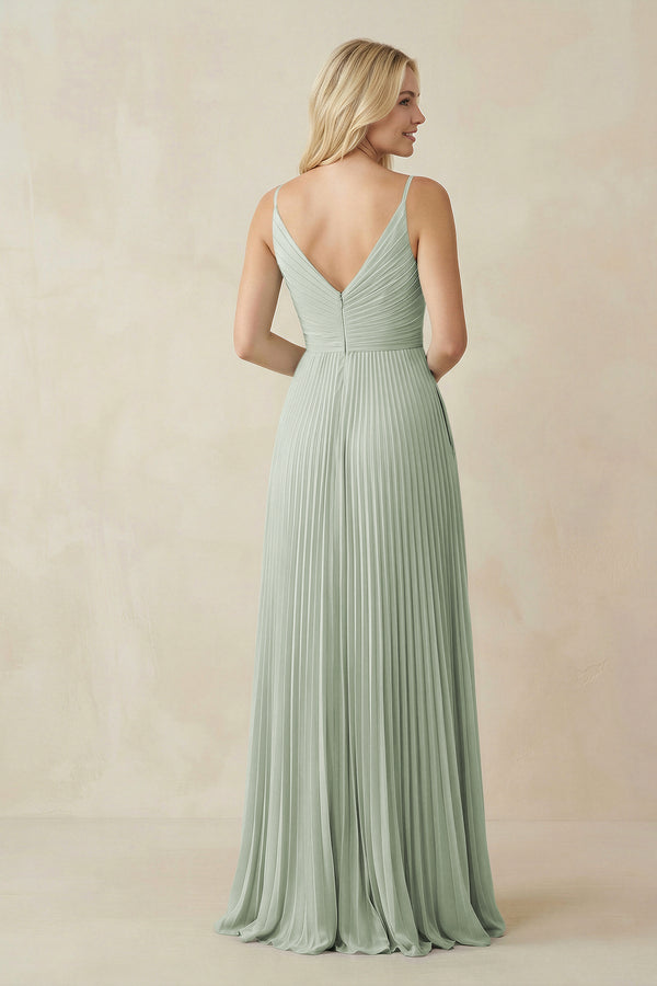 Sage Pleated V-Neck A-Line Chiffon Bridesmaid Dress (2) | KISSBRIDAL