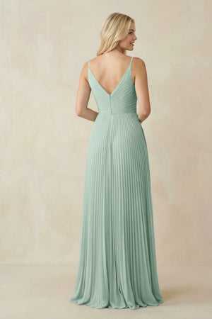 Sage Pleated V-Neck A-Line Chiffon Bridesmaid Dress (2) | KISSBRIDAL