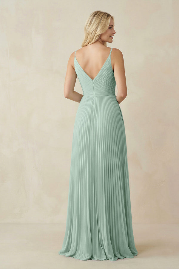 Sage Pleated V-Neck A-Line Chiffon Bridesmaid Dress (2) | KISSBRIDAL