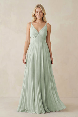Sage Pleated V-Neck A-Line Chiffon Bridesmaid Dress | KISSBRIDAL