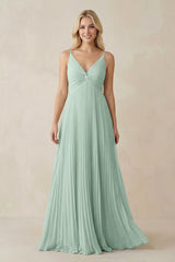 Sage Pleated V-Neck A-Line Chiffon Bridesmaid Dress | KISSBRIDAL