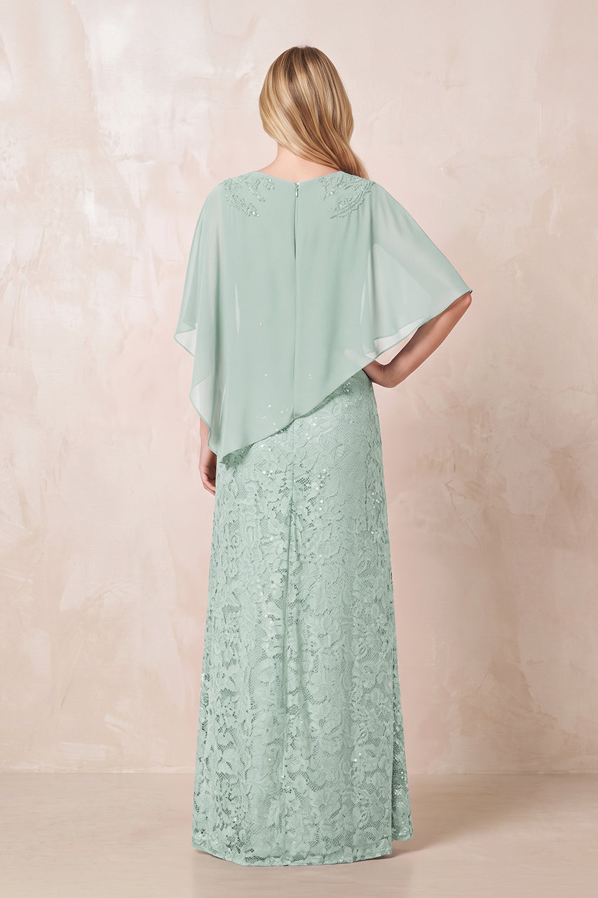 Sage Round Neck Lace Sheath Chiffon Cape Sleeves Mother of the Bride Dress