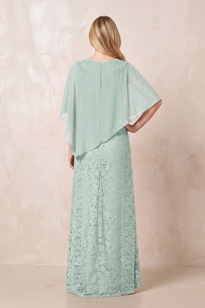 Sage Round Neck Lace Sheath Chiffon Cape Sleeves Mother of the Bride Dress (2) | KISSBRIDAL