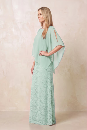 Sage Round Neck Lace Sheath Chiffon Cape Sleeves Mother of the Bride Dress (3) | KISSBRIDAL