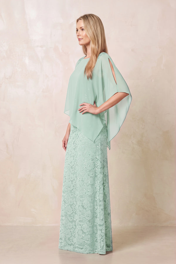 Sage Round Neck Lace Sheath Chiffon Cape Sleeves Mother of the Bride Dress (3) | KISSBRIDAL