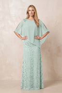 Sage Round Neck Lace Sheath Chiffon Cape Sleeves Mother of the Bride Dress | KISSBRIDAL