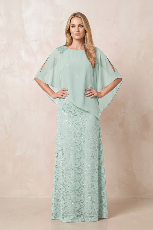 Sage Round Neck Lace Sheath Chiffon Cape Sleeves Mother of the Bride Dress | KISSBRIDAL