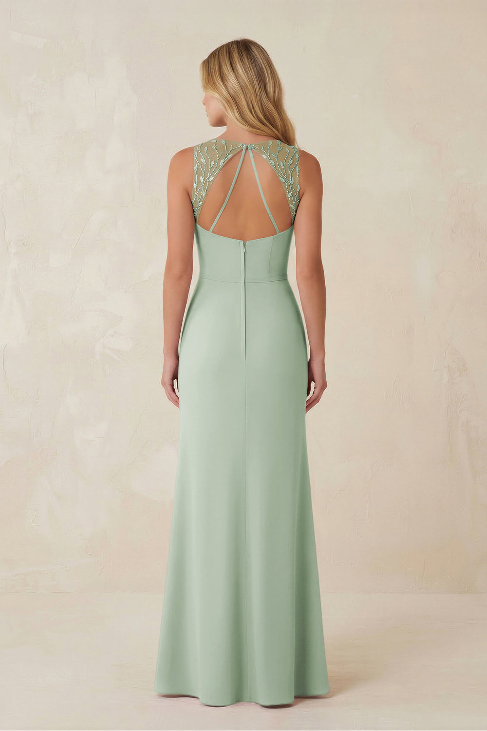 Round Neck Sheath Chiffon Appliqued Bridesmaid Dress in Sage