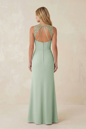 Sage Round Neck Sheath Chiffon Appliqued Bridesmaid Dress (2) | KISSBRIDAL