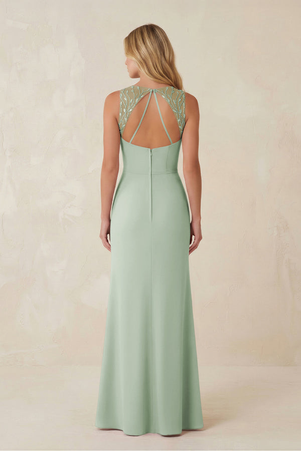 Sage Round Neck Sheath Chiffon Appliqued Bridesmaid Dress (2) | KISSBRIDAL