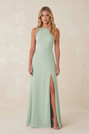 Sage Round Neck Sheath Chiffon Appliqued Bridesmaid Dress | KISSBRIDAL