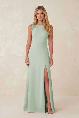 Sage Round Neck Sheath Chiffon Appliqued Bridesmaid Dress | KISSBRIDAL