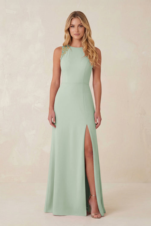 Sage Round Neck Sheath Chiffon Appliqued Bridesmaid Dress | KISSBRIDAL