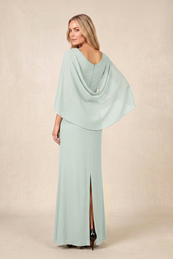 Sage Round Neck Sheath Chiffon Cape Sleeves Ruched Mother of the Bride Dress (2) | KISSBRIDAL