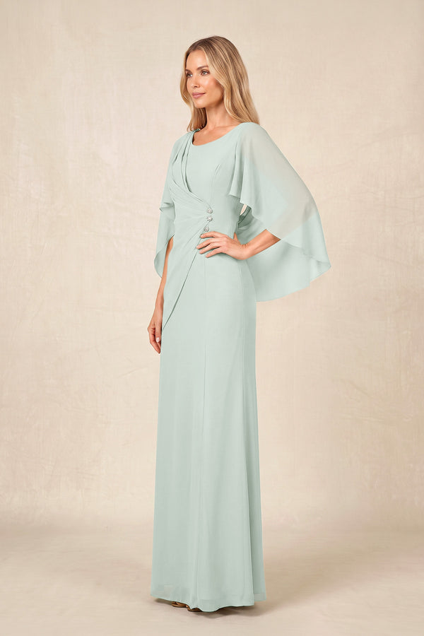 Sage Round Neck Sheath Chiffon Cape Sleeves Ruched Mother of the Bride Dress (3) | KISSBRIDAL