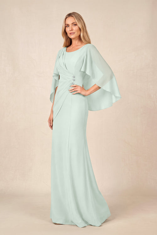 Sage Round Neck Sheath Chiffon Cape Sleeves Ruched Mother of the Bride Dress | KISSBRIDAL