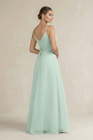Sage Ruched A-Line Chiffon Bridesmaid Dress with Slit (2) | KISSBRIDAL