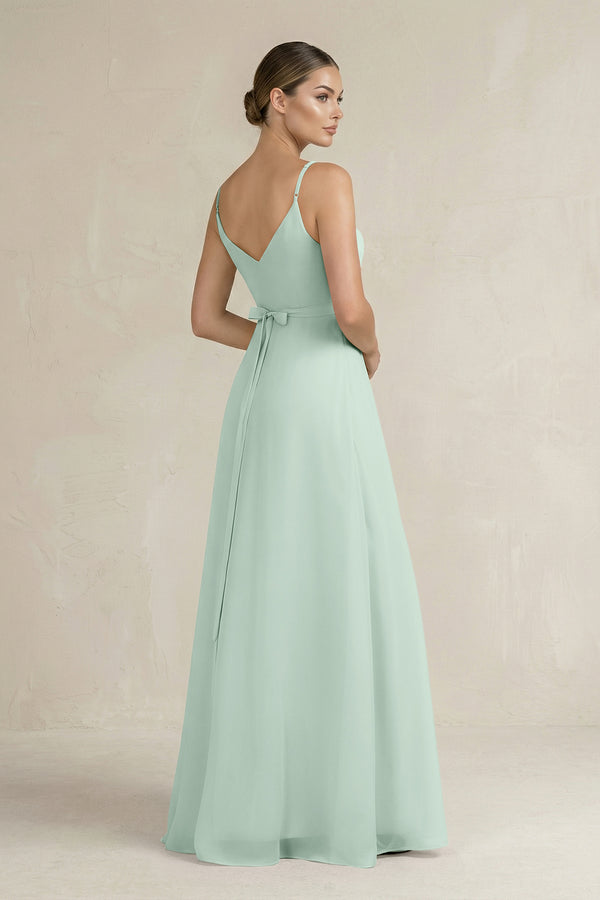 Sage Ruched A-Line Chiffon Bridesmaid Dress with Slit (2) | KISSBRIDAL