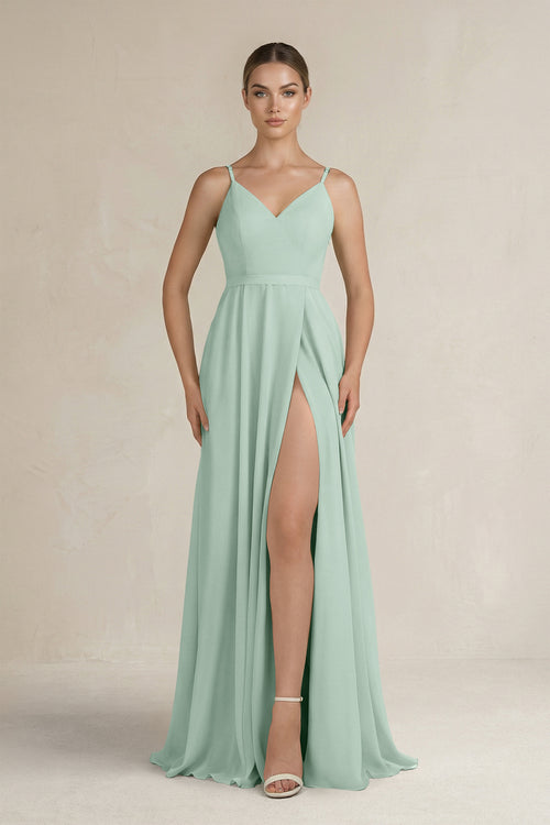 Sage Ruched A-Line Chiffon Bridesmaid Dress with Slit | KISSBRIDAL