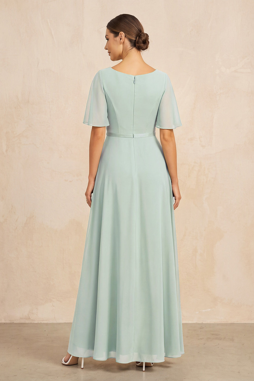 Sage Ruched A-Line Chiffon V-Neck Mother of the Bride Dress with Sleeves