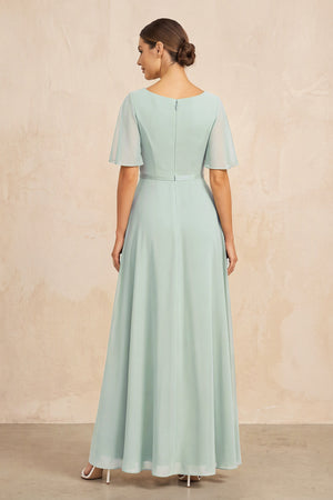 Sage Ruched A-Line Chiffon V-Neck Mother of the Bride Dress with Sleeves (2) | KISSBRIDAL