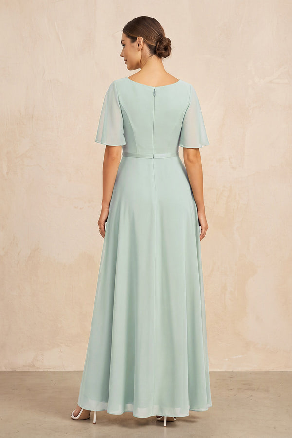 Sage Ruched A-Line Chiffon V-Neck Mother of the Bride Dress with Sleeves (2) | KISSBRIDAL