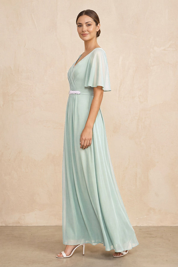 Sage Ruched A-Line Chiffon V-Neck Mother of the Bride Dress with Sleeves (3) | KISSBRIDAL