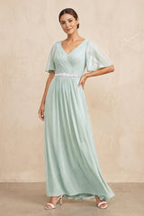 Sage Ruched A-Line Chiffon V-Neck Mother of the Bride Dress with Sleeves | KISSBRIDAL
