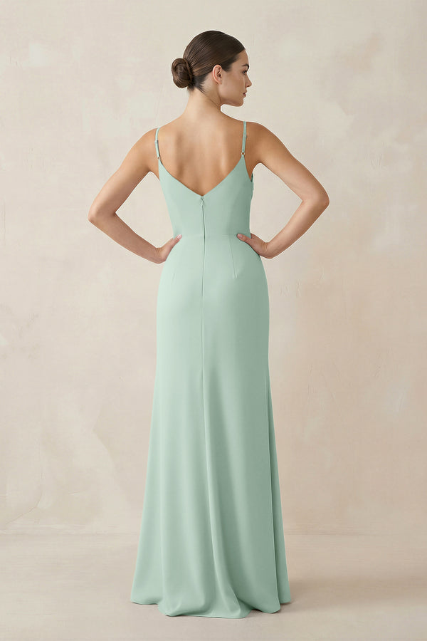 Sage Ruched Sheath Spaghetti Strap Chiffon Bridesmaid Dress (2) | KISSBRIDAL