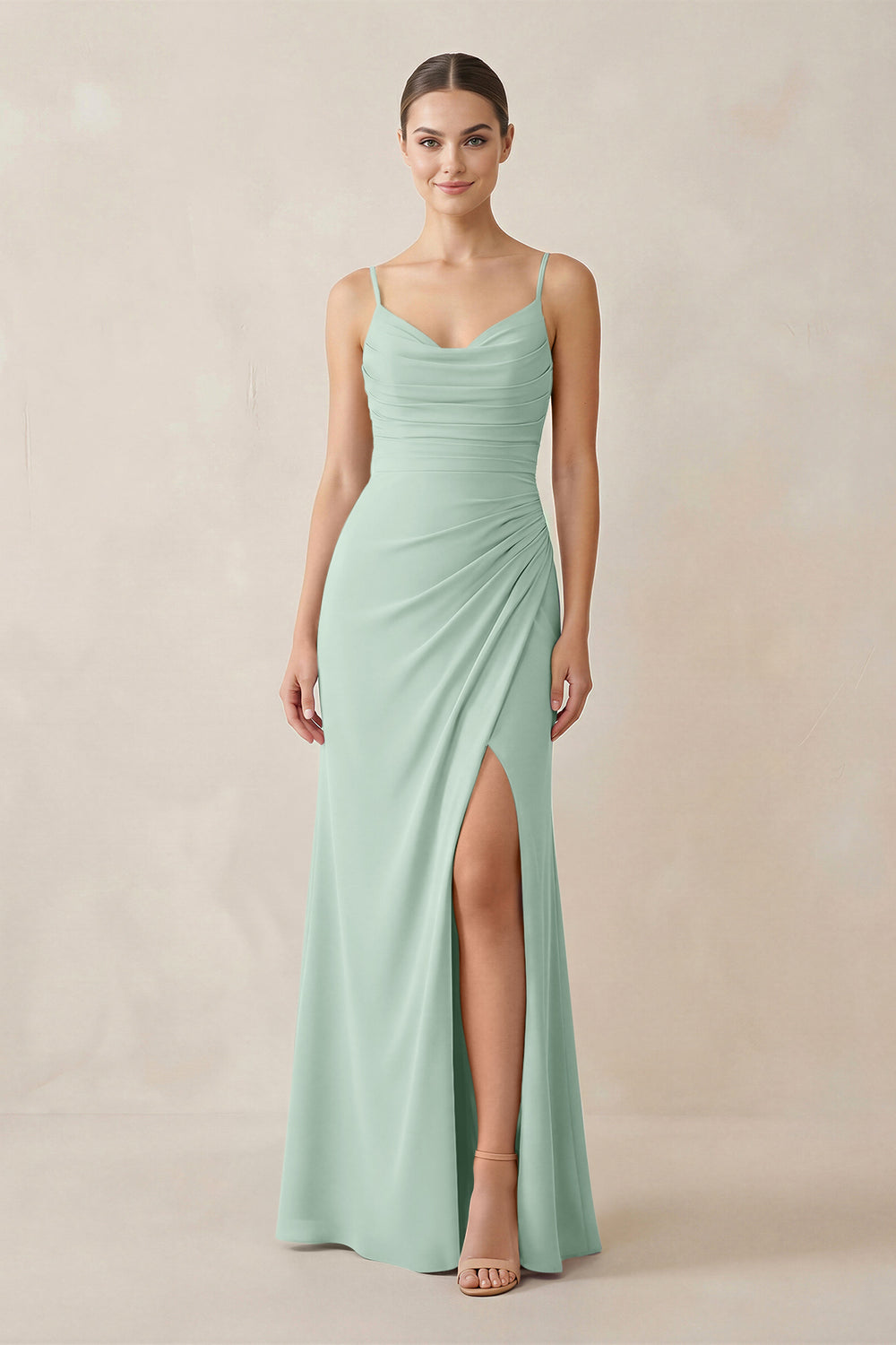 Ruched Sheath Spaghetti Strap Chiffon Bridesmaid Dress in Sage