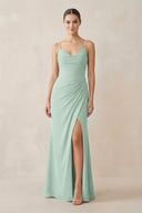 Sage Ruched Sheath Spaghetti Strap Chiffon Bridesmaid Dress | KISSBRIDAL