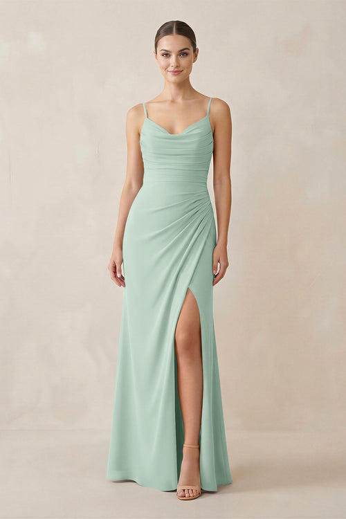 Sage Ruched Sheath Spaghetti Strap Chiffon Bridesmaid Dress | KISSBRIDAL