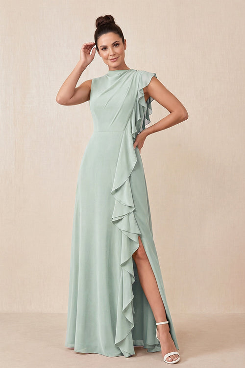 Sage Ruffled A-Line Chiffon Mother of the Bride Dress | KISSBRIDAL