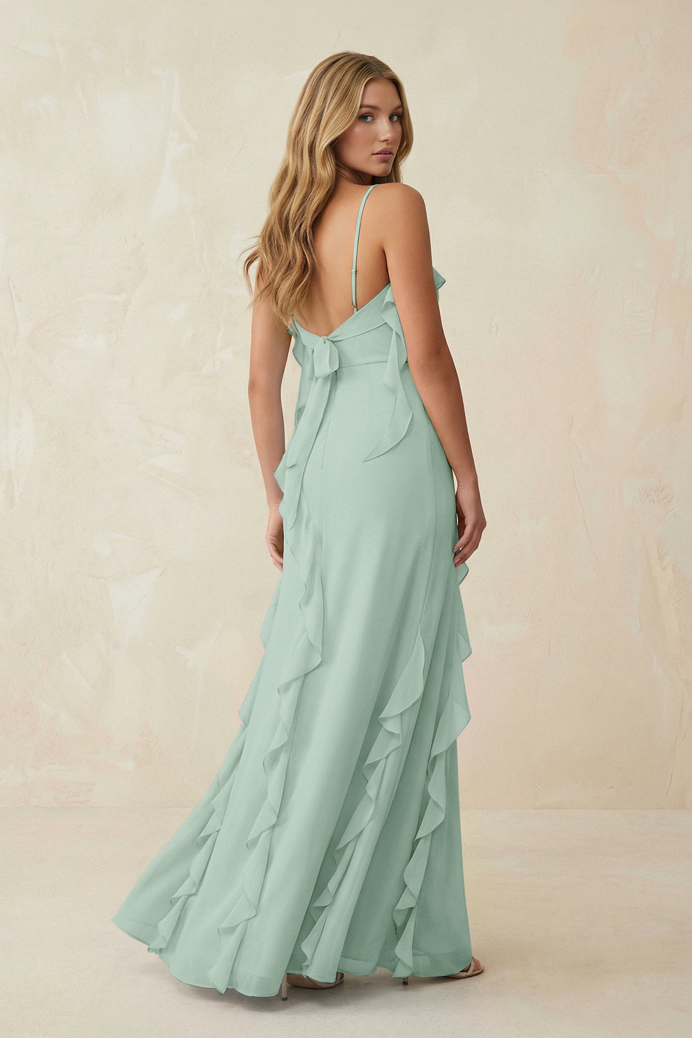 Ruffled Cami Strap Chiffon Sheath Bridesmaid Dress in Sage