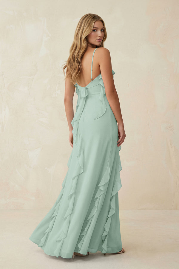 Sage Ruffled Cami Strap Chiffon Sheath Bridesmaid Dress (2) | KISSBRIDAL