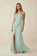 Sage Ruffled Cami Strap Chiffon Sheath Bridesmaid Dress | KISSBRIDAL